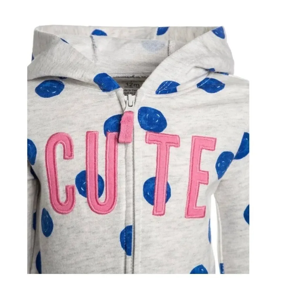 NWT - Girls Carter's hooded jumpsuit, polka dot, one piece, says “cute”